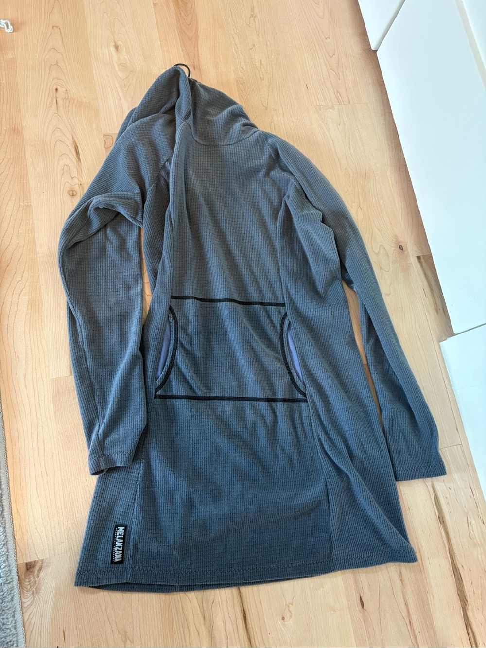 Melanzana Long Sleeve Hooded Dress in blue-green grey